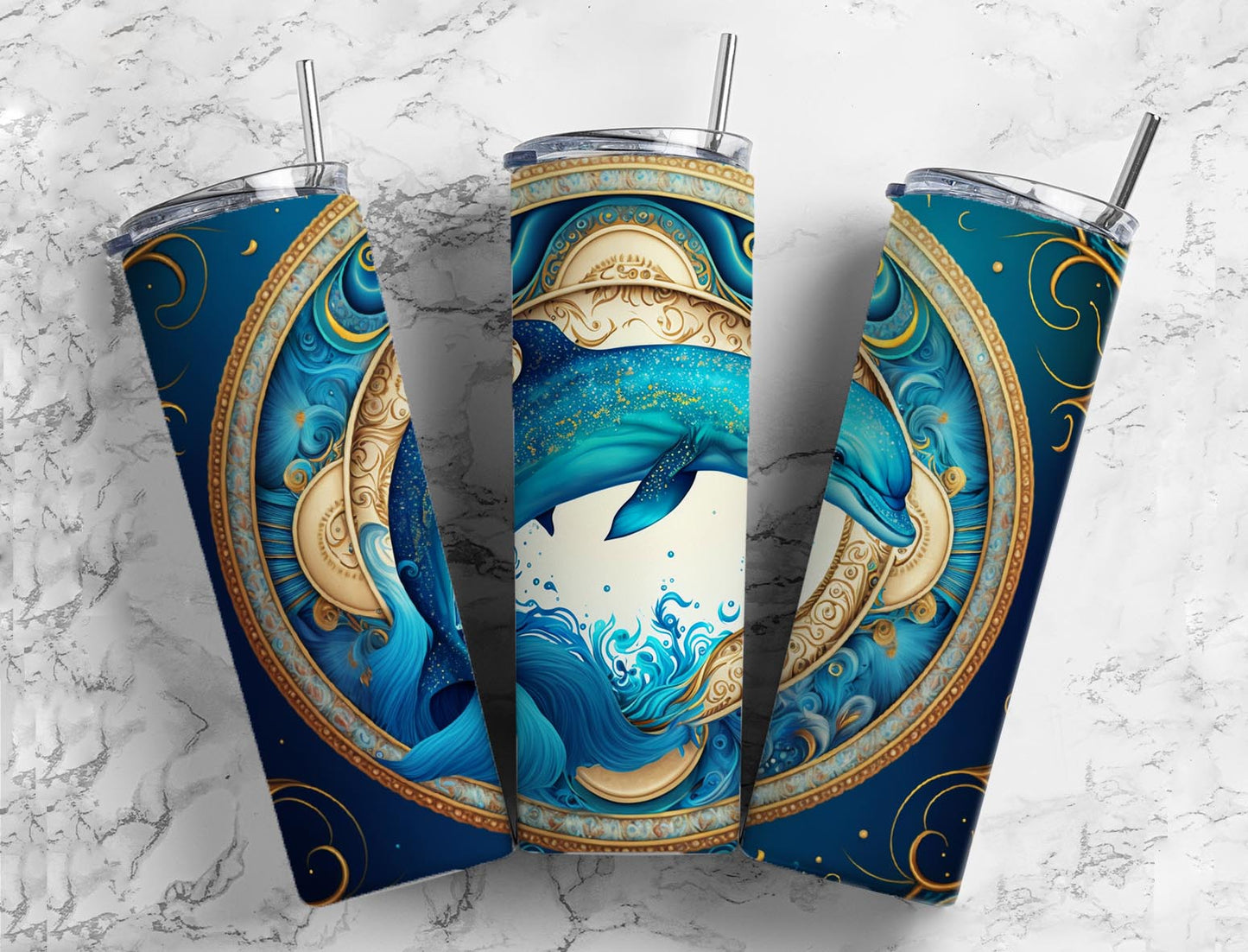 Blue Dolphin Tumbler 20oz Skinny Straight Tumbler drinkware-with straw -water bottle -coffee mug cup travel tumbler