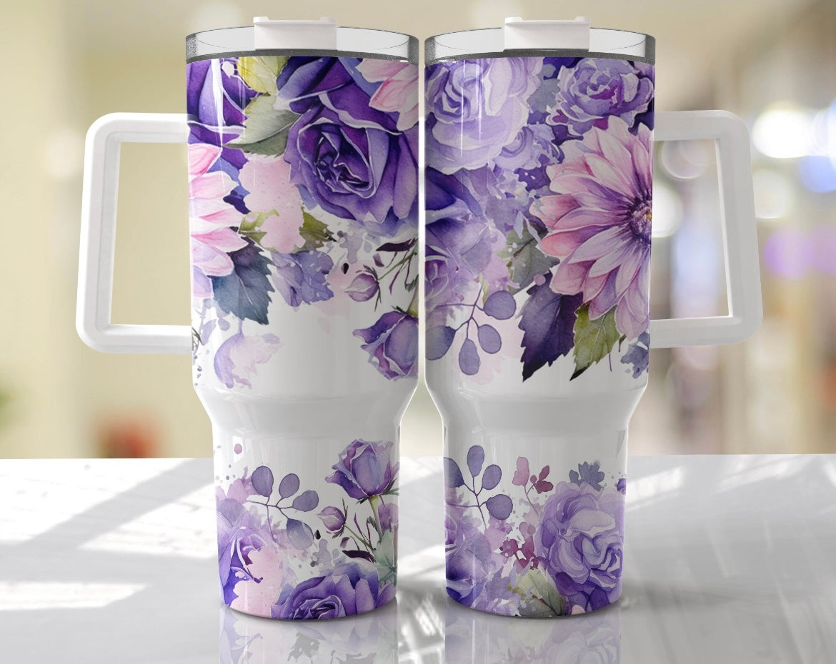 Purple Floral Tumbler 40oz Tumbler with handle drinkware-with straw -w –  Berry Blossom Fashion