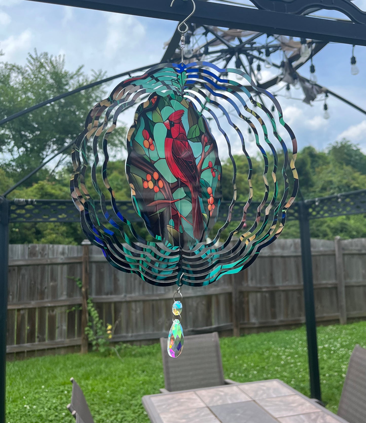 Cardinal Red Bird wind Spinner with crystal charm - Outdoor Hanging Aluminum Wind Spinner