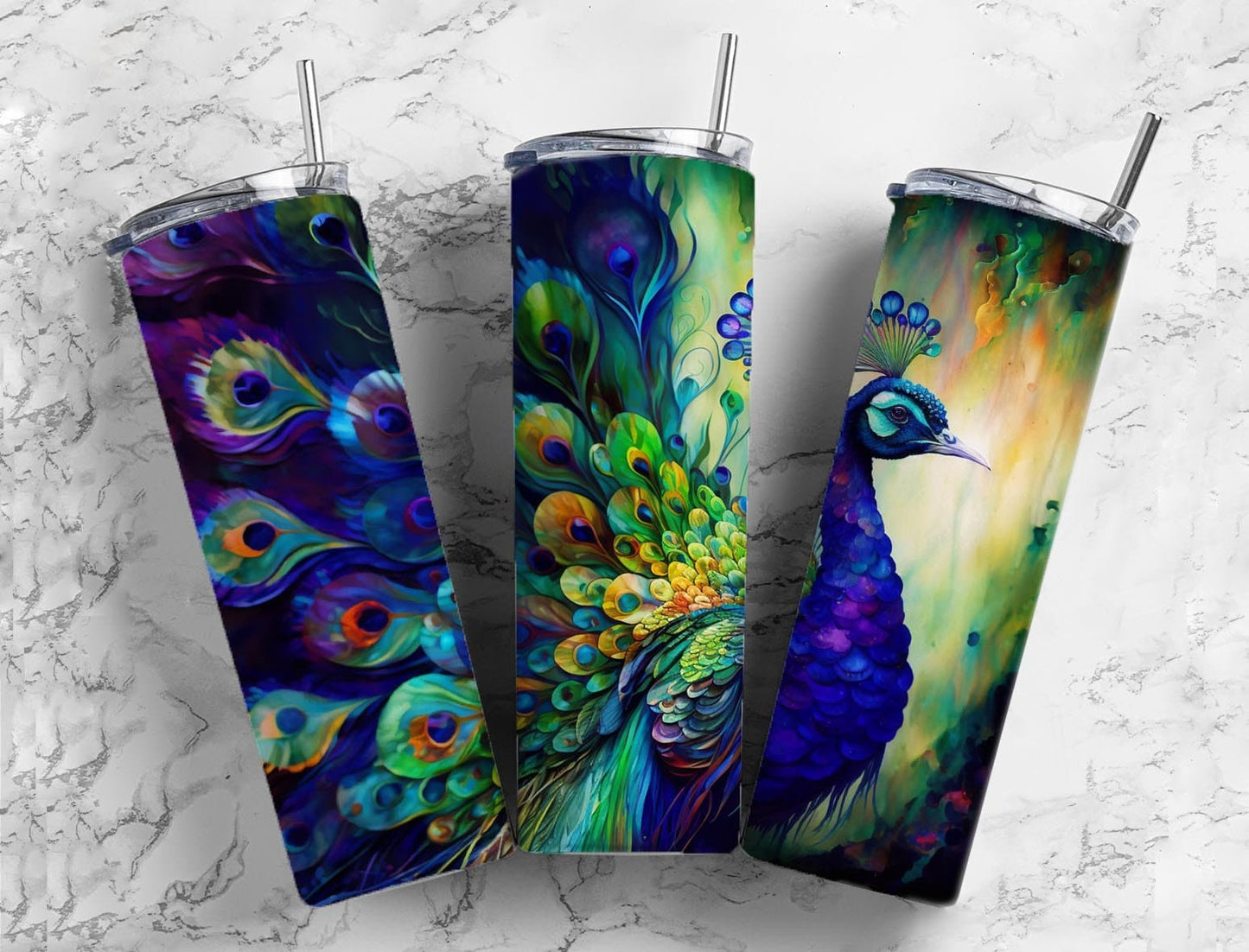 Peacock Tumbler 20oz Skinny Straight Tumbler drinkware-with straw -water bottle -coffee mug cup travel tumbler Stainless Steel