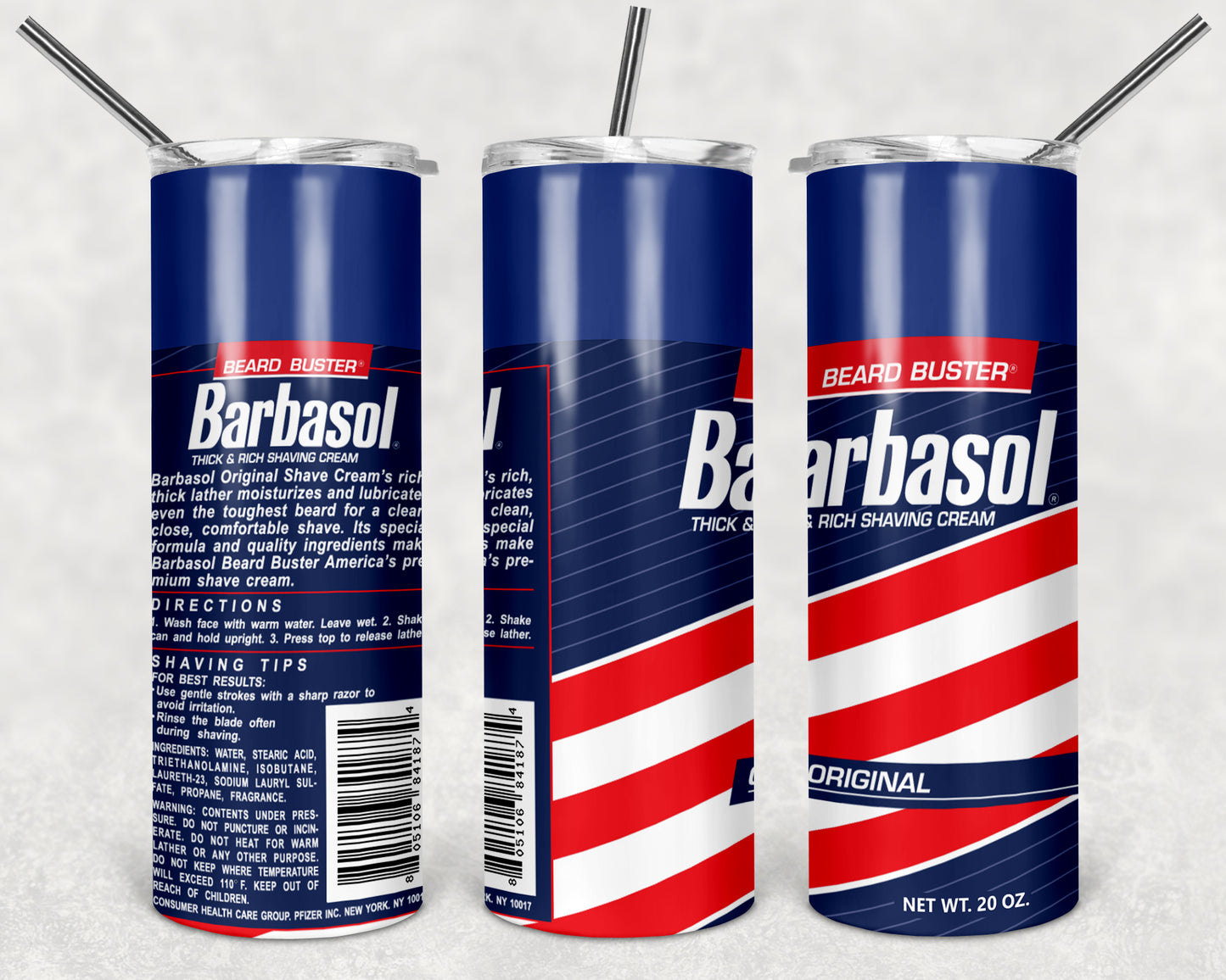 Barbasol 20oz Skinny Tumbler custom drinkware - with straw - Stainless Steel cup - Shaving Cream