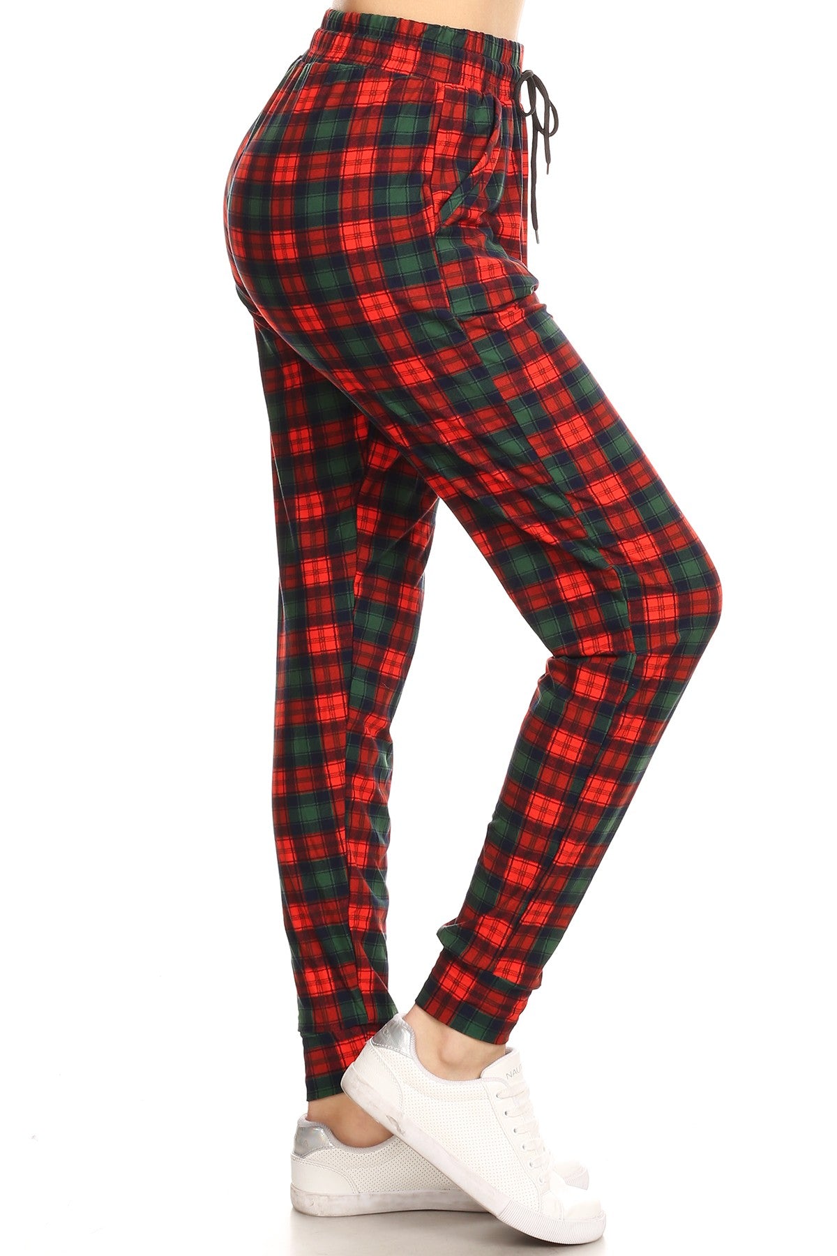 Ladies Christmas plaid printed Joggers waist pockets Red, Green