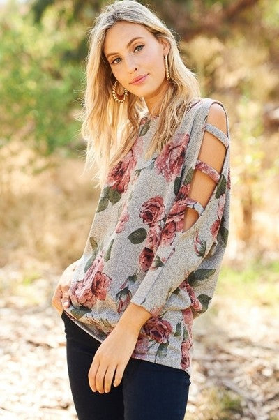 Floral top with cut out sleeves - Grey