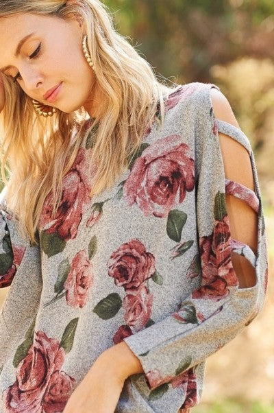 Floral top with cut out sleeves - Grey
