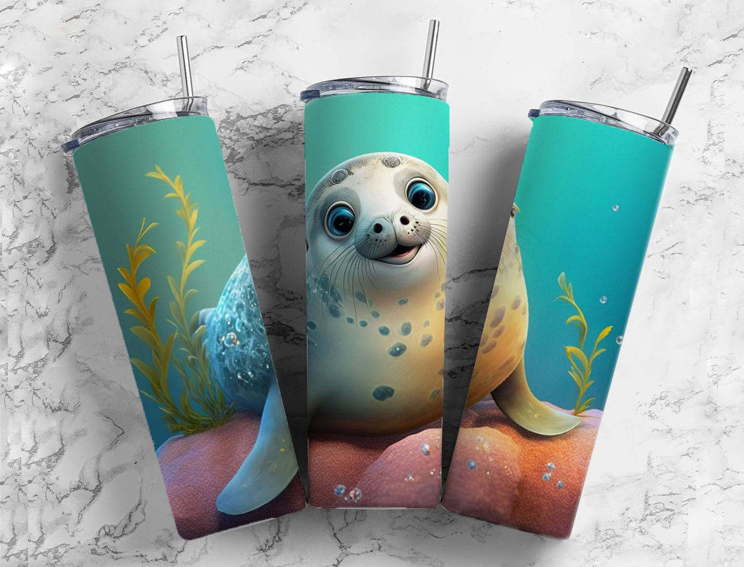 Seal cute 20oz Skinny Straight Tumbler drinkware-with straw -water bottle -coffee mug cup travel tumbler
