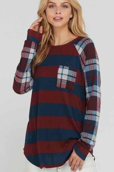 Plaid print long sleeves stripe top - burgundy, navy - long