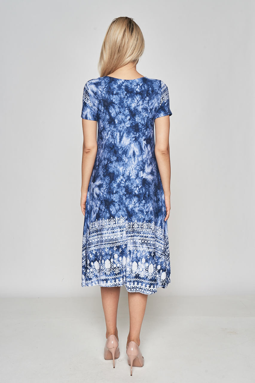 BLUE TIE DYE SHORT SLEEVE BORDER PRINT DRESS WITH SIDE POCKETS