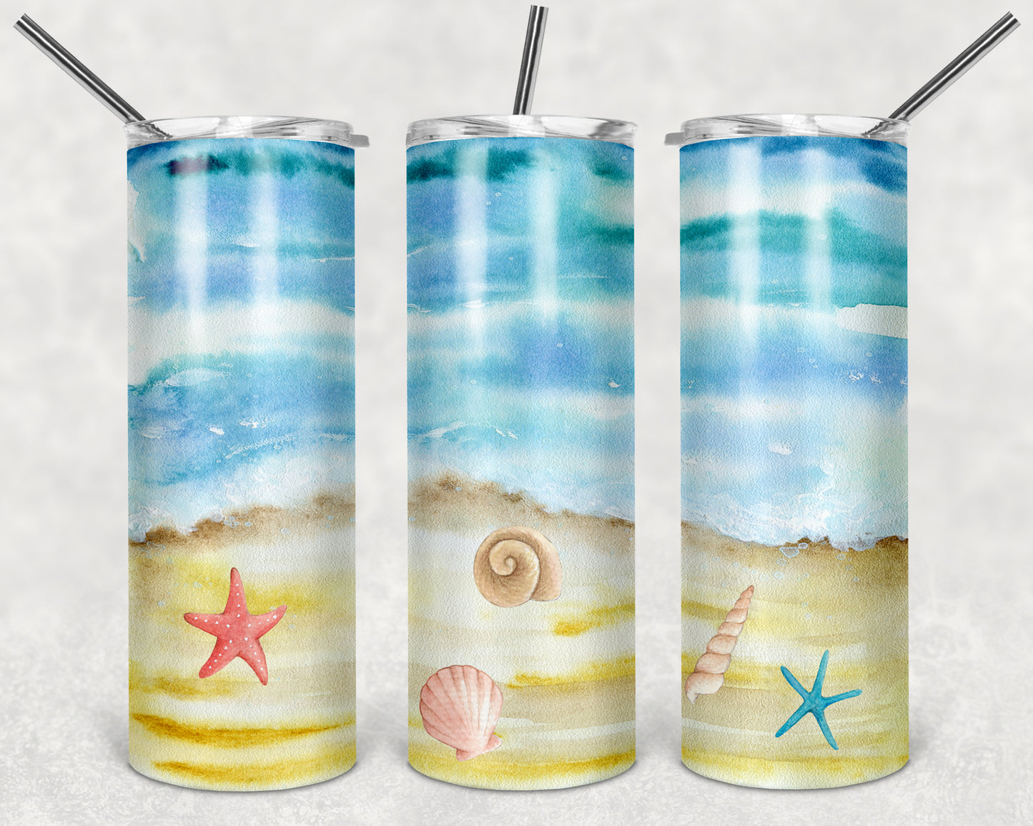 Watercolor Beach Scene 20 oz Skinny Tumbler custom drinkware - with straw