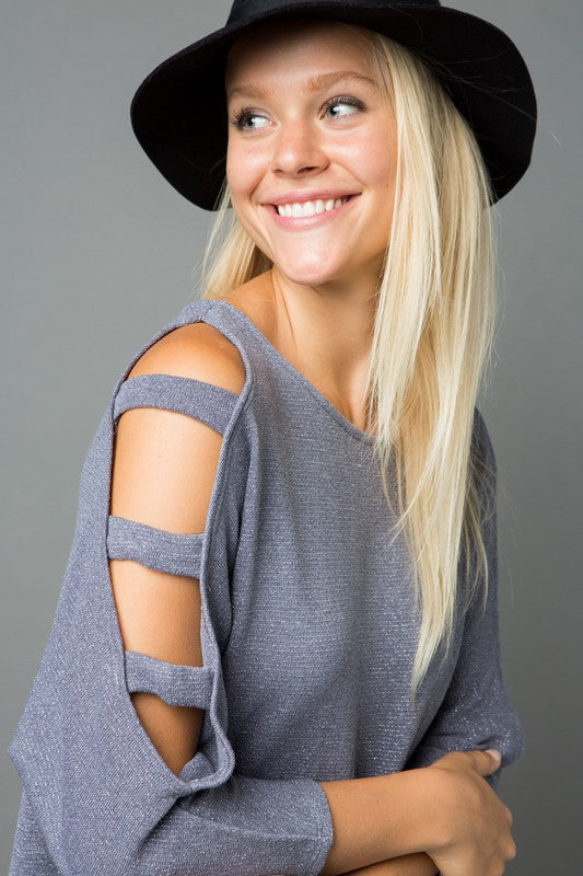 Solid Print Knit Open Shoulder Sleeve Top - Grey Silver