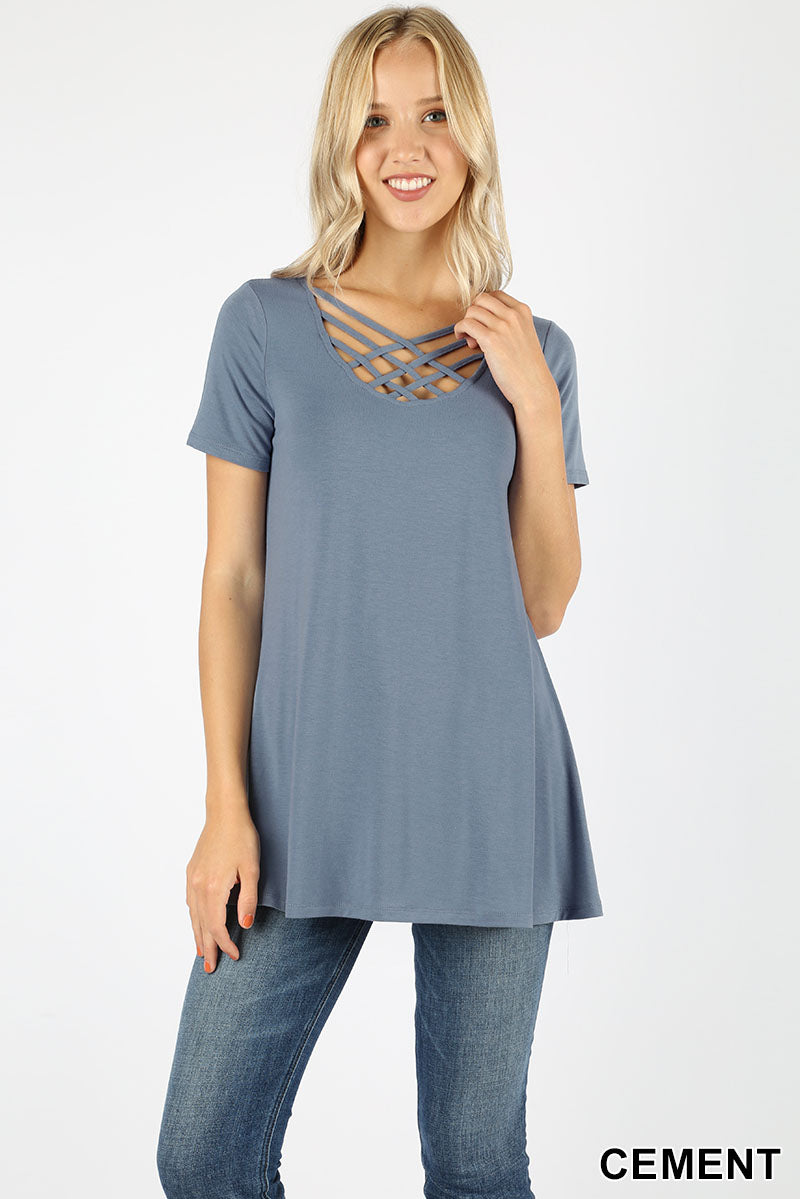 SHORT SLEEVE TRIPLE LATTICE FRONT TUNIC TOP - Cement color Shirt - Cri –  Berry Blossom Fashion