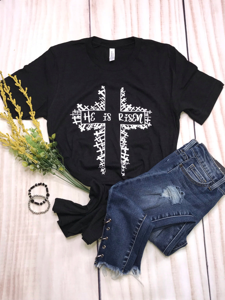 He is Risen” Ladies short sleeves Shirt - graphic tee- top - Cross – Berry  Blossom Fashion