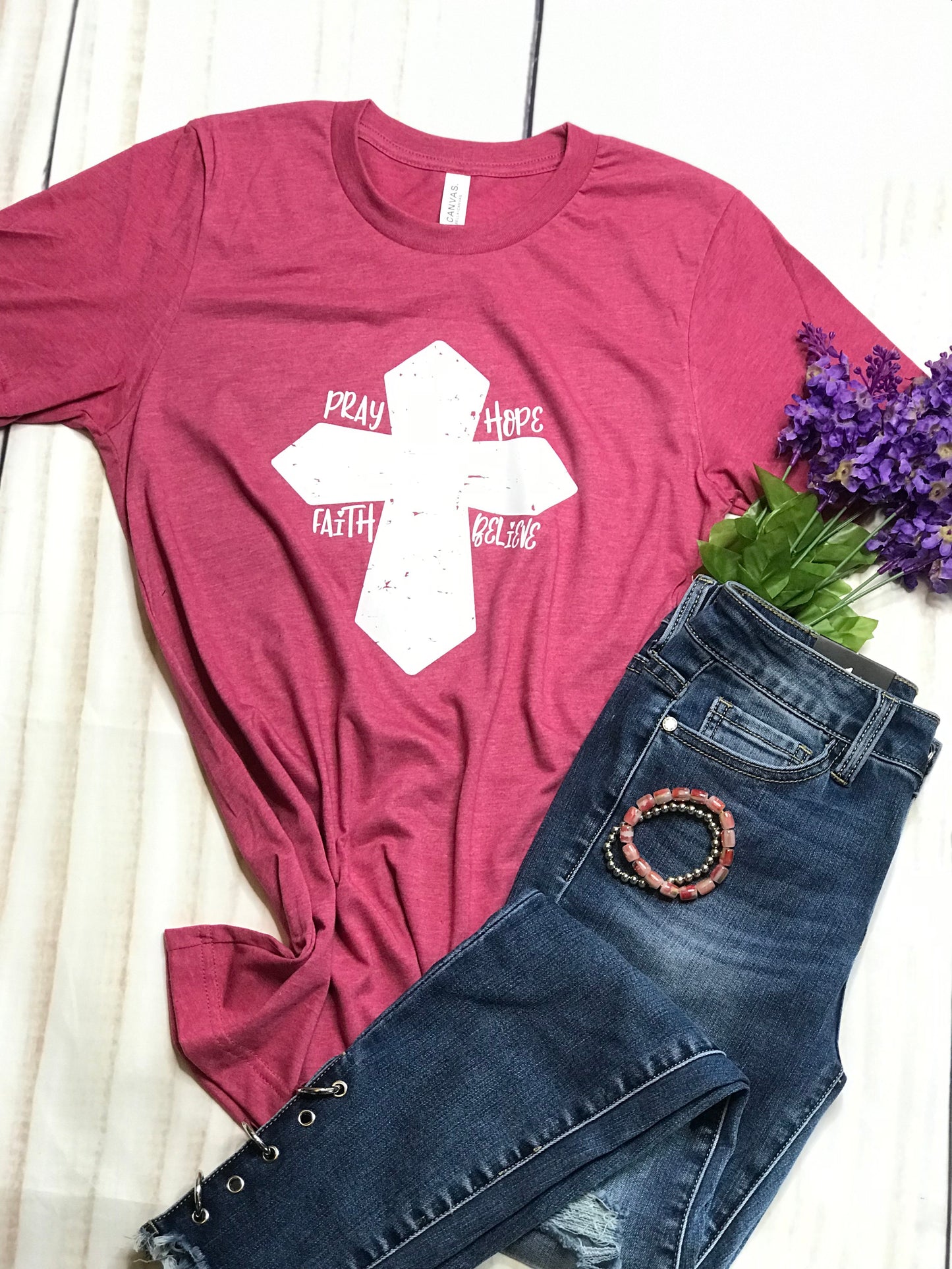 SALE “Pray Hope Faith Believe” Cross Ladies short sleeves Shirt - graphic tee- top