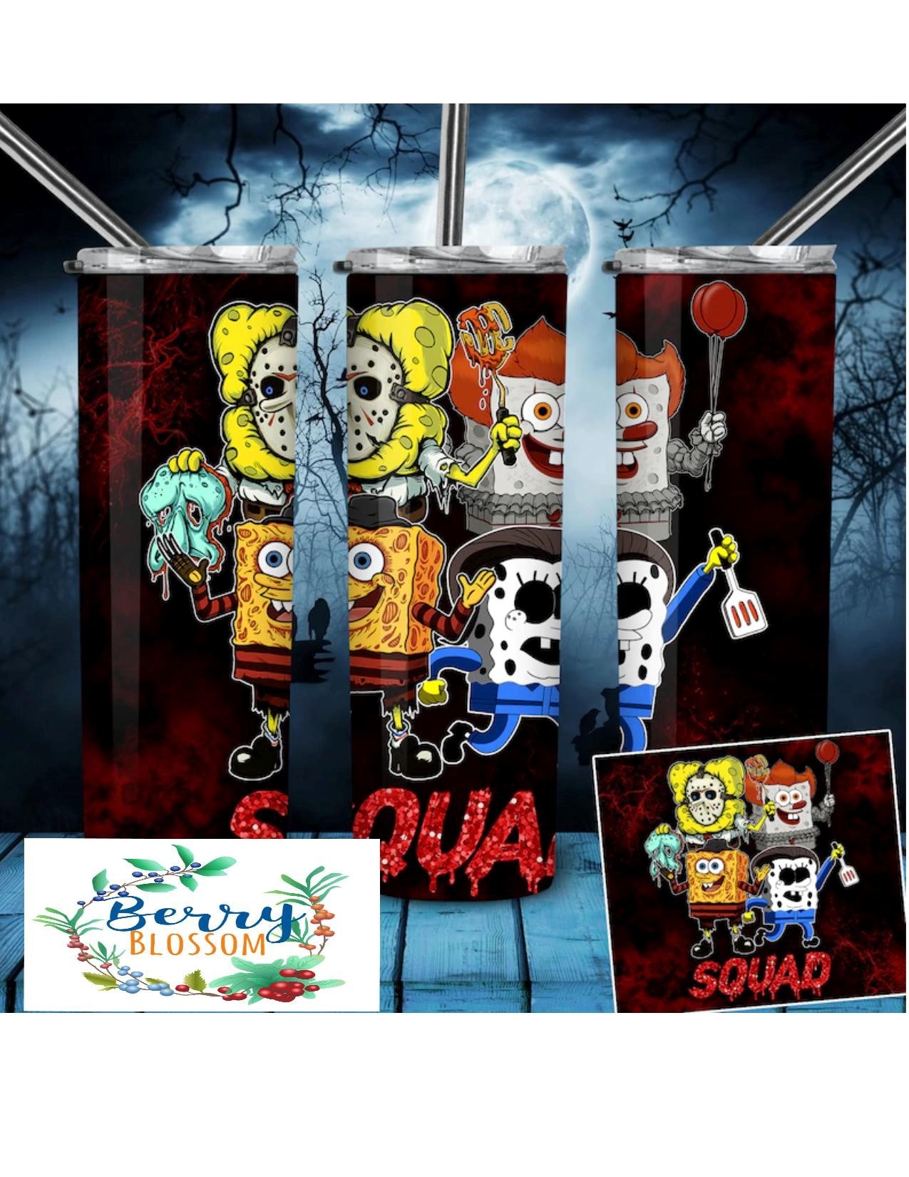SpongeBob Horror Movie 20oz Skinny Tumbler custom drinkware - with straw - Stainless Steel cup