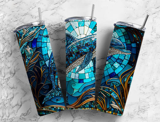 Blue Stained Glass Dolphin Tumbler 20oz Skinny Straight Tumbler drinkware-with straw -water bottle -coffee mug cup travel tumbler