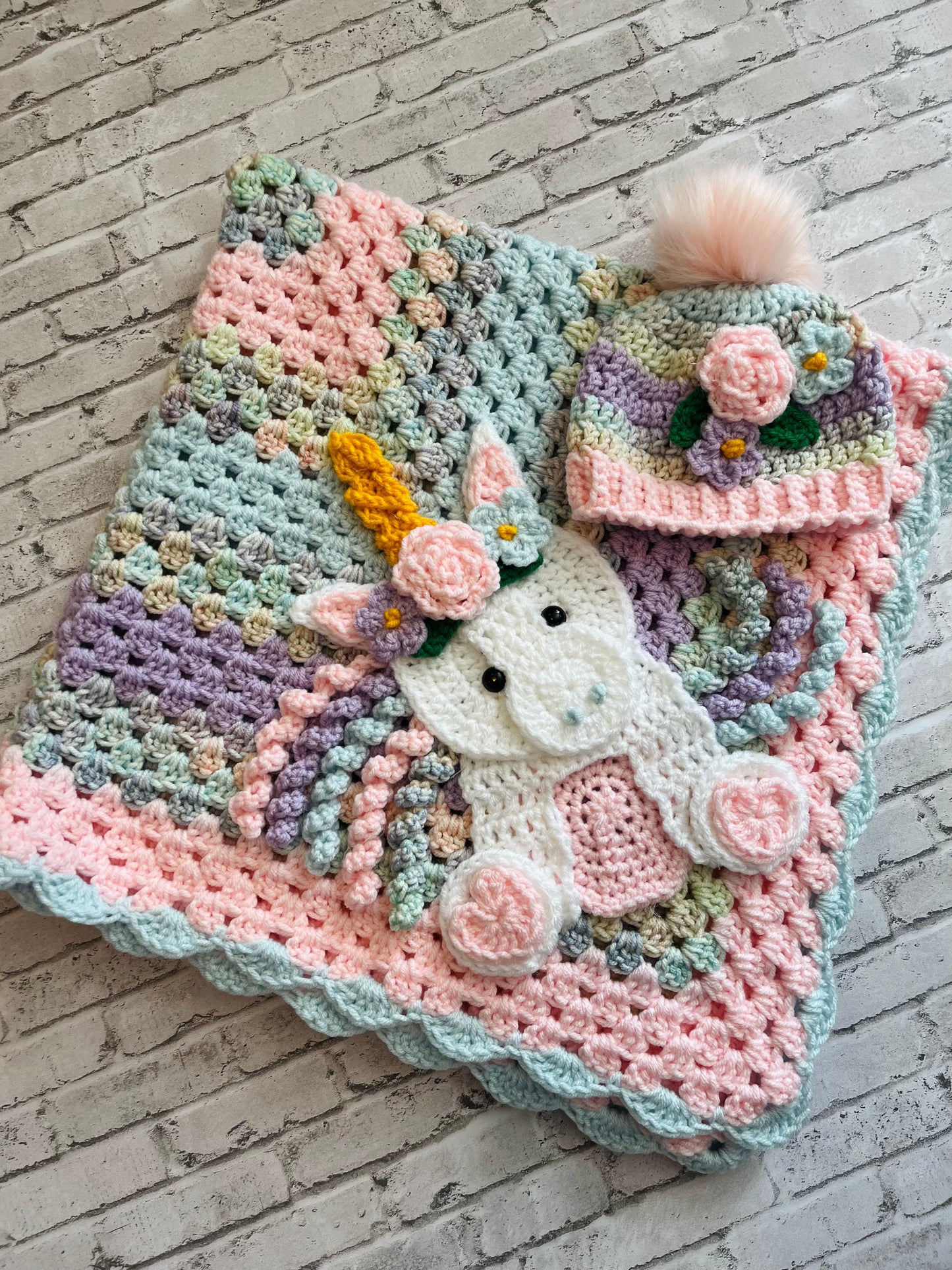 Crochet Baby blanket - handmade custom unicorn baby blanket with matching crochet beanie hat.