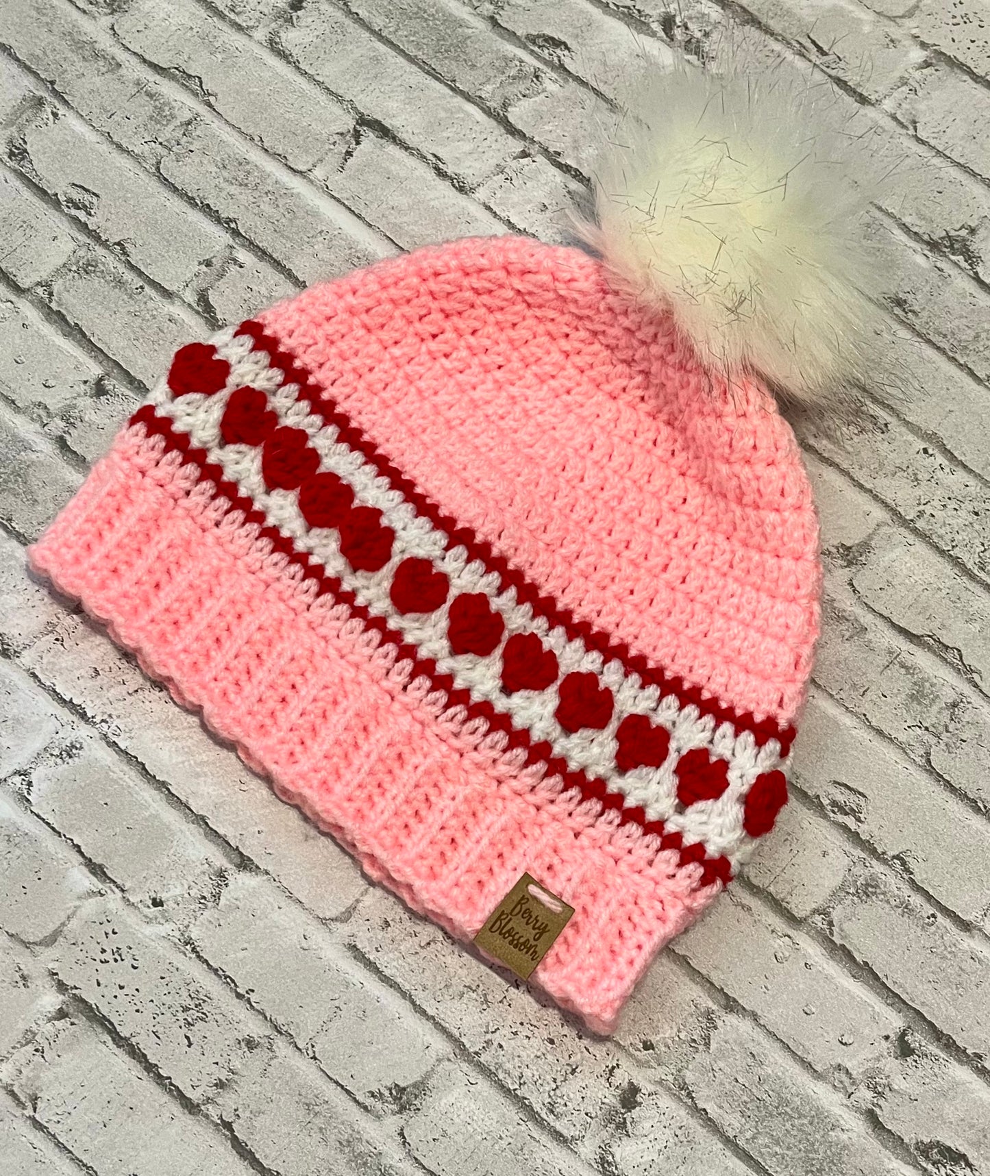 Valentine’s heart Beanie Hat - handmade crochet kids and adult - fur pom