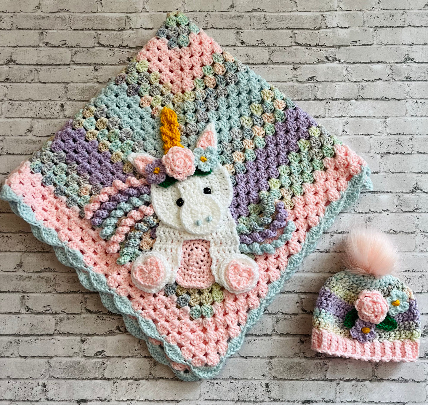 Crochet Baby blanket - handmade custom unicorn baby blanket with matching crochet beanie hat.