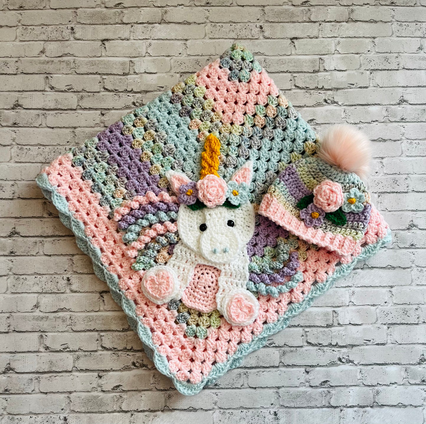 Crochet Baby blanket - handmade custom unicorn baby blanket with matching crochet beanie hat.