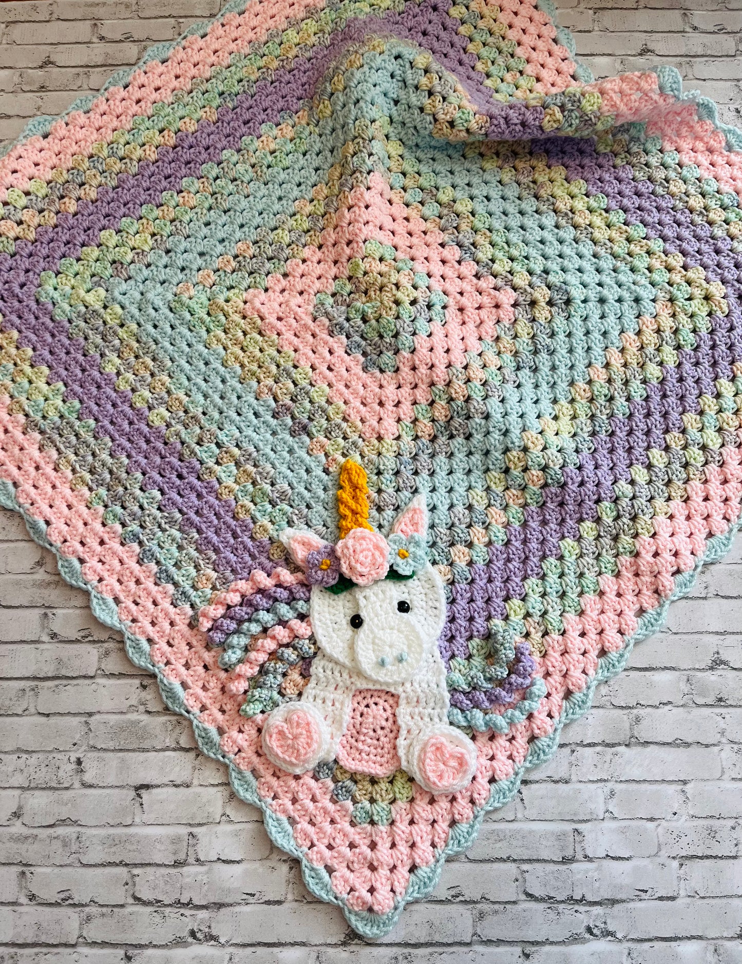 Crochet Baby blanket - handmade custom unicorn baby blanket with matching crochet beanie hat.