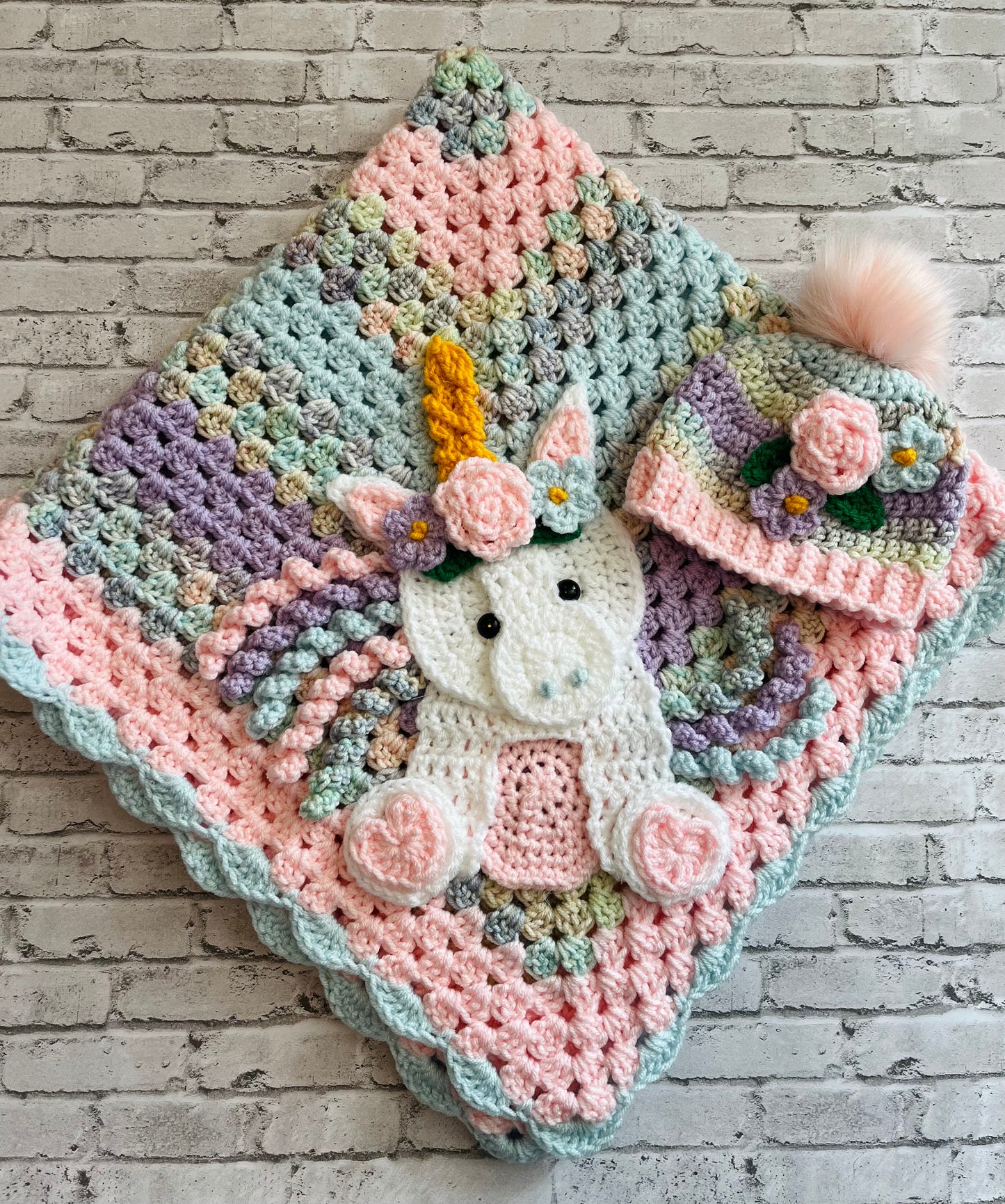 Crochet Baby blanket - handmade custom unicorn baby blanket with matching crochet beanie hat.