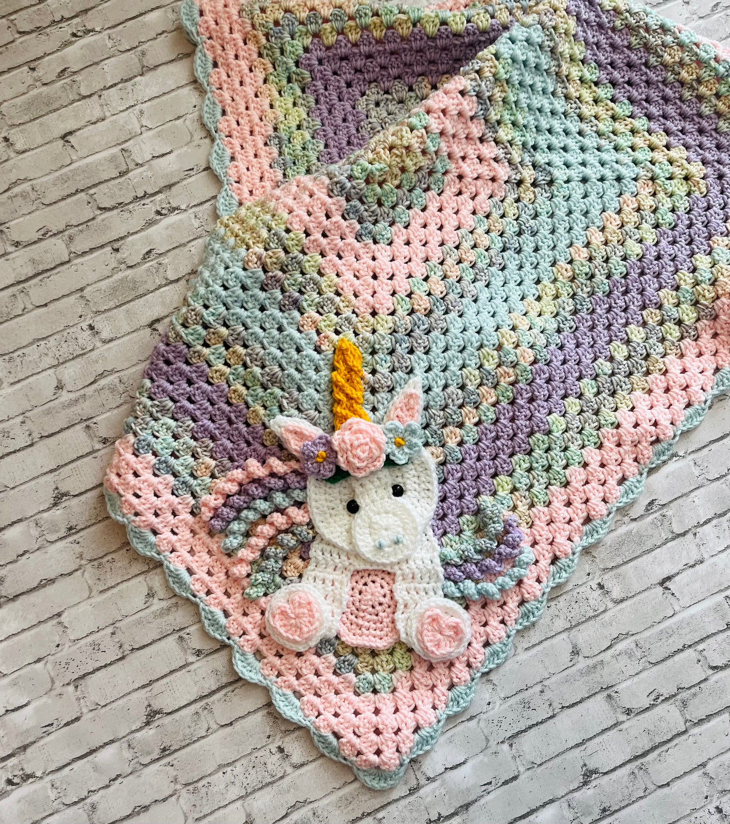 Crochet Baby blanket - handmade custom unicorn baby blanket with matching crochet beanie hat.