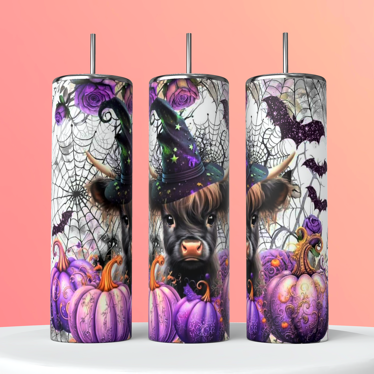 Halloween cow purple pumpkin Tumbler 20oz Skinny Straight Tumbler drinkware-with straw -water bottle -coffee mug cup travel tumbler Stainless Steel Halloween