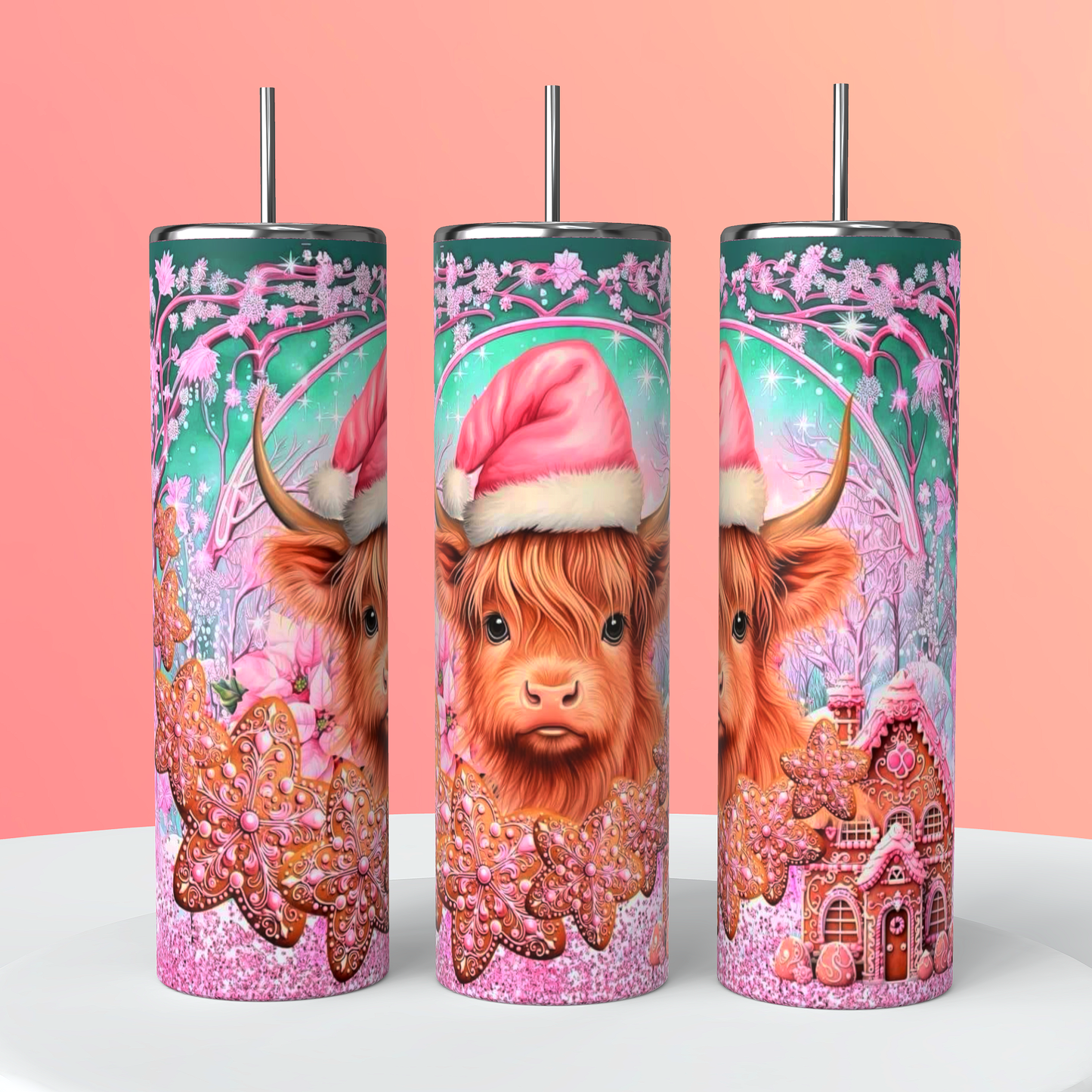 Cute Highland Cow Pink Christmas Tumbler 20oz Skinny Straight Tumbler drinkware-with straw -water bottle -coffee mug cup travel tumbler Stainless Steel