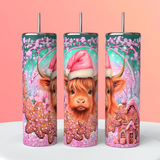 Cute Highland Cow Pink Christmas Tumbler 20oz Skinny Straight Tumbler drinkware-with straw -water bottle -coffee mug cup travel tumbler Stainless Steel