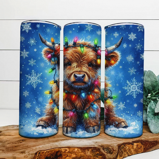 Christmas Highland Cow blue Tumbler 20oz Skinny Straight Tumbler drinkware-with straw -water bottle -coffee mug cup travel tumbler Stainless Steel