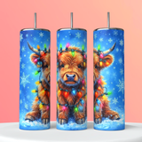 Christmas Highland Cow blue Tumbler 20oz Skinny Straight Tumbler drinkware-with straw -water bottle -coffee mug cup travel tumbler Stainless Steel