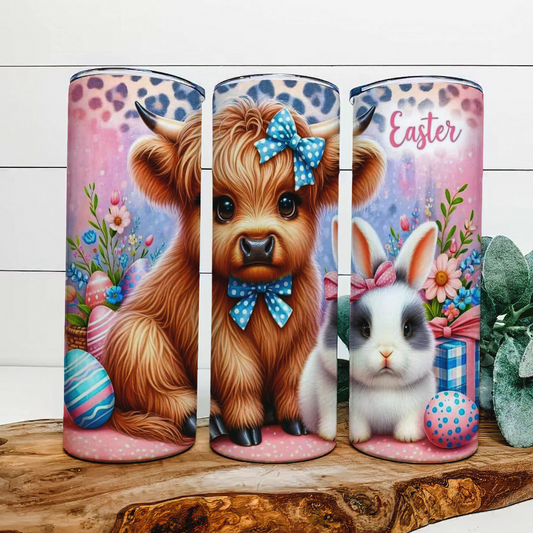 Easter Highland Cow and Bunny 20 oz Skinny Tumbler custom drinkware - with straw - water bottle-cup