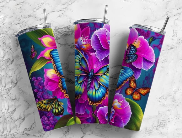 Orchids and Butterflies Tumbler 20oz Skinny Straight Tumbler drinkware-with straw -water bottle -coffee mug cup travel tumbler Stainless Steel