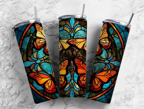 Stained Glass Butterflies Tumbler 20oz Skinny Straight Tumbler drinkware-with straw -water bottle -coffee mug cup travel tumbler