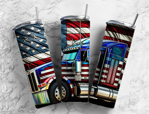 Stained Glass Patriotic Truck Tumbler 20oz Skinny Straight Tumbler drinkware-with straw -water bottle -coffee mug cup travel tumbler