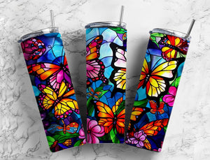 Stained Glass Butterflies and Flowers Tumbler 20oz Skinny Straight Tumbler drinkware-with straw -water bottle -coffee mug cup travel tumbler