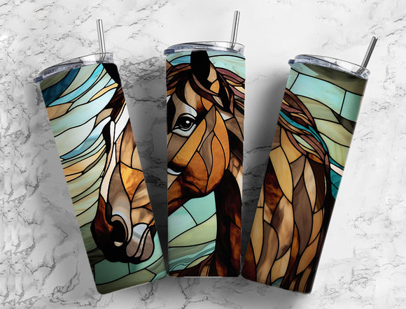 Stained Glass Light Brown Horse Tumbler 20oz Skinny Straight Tumbler drinkware-with straw -water bottle -coffee mug cup travel tumbler