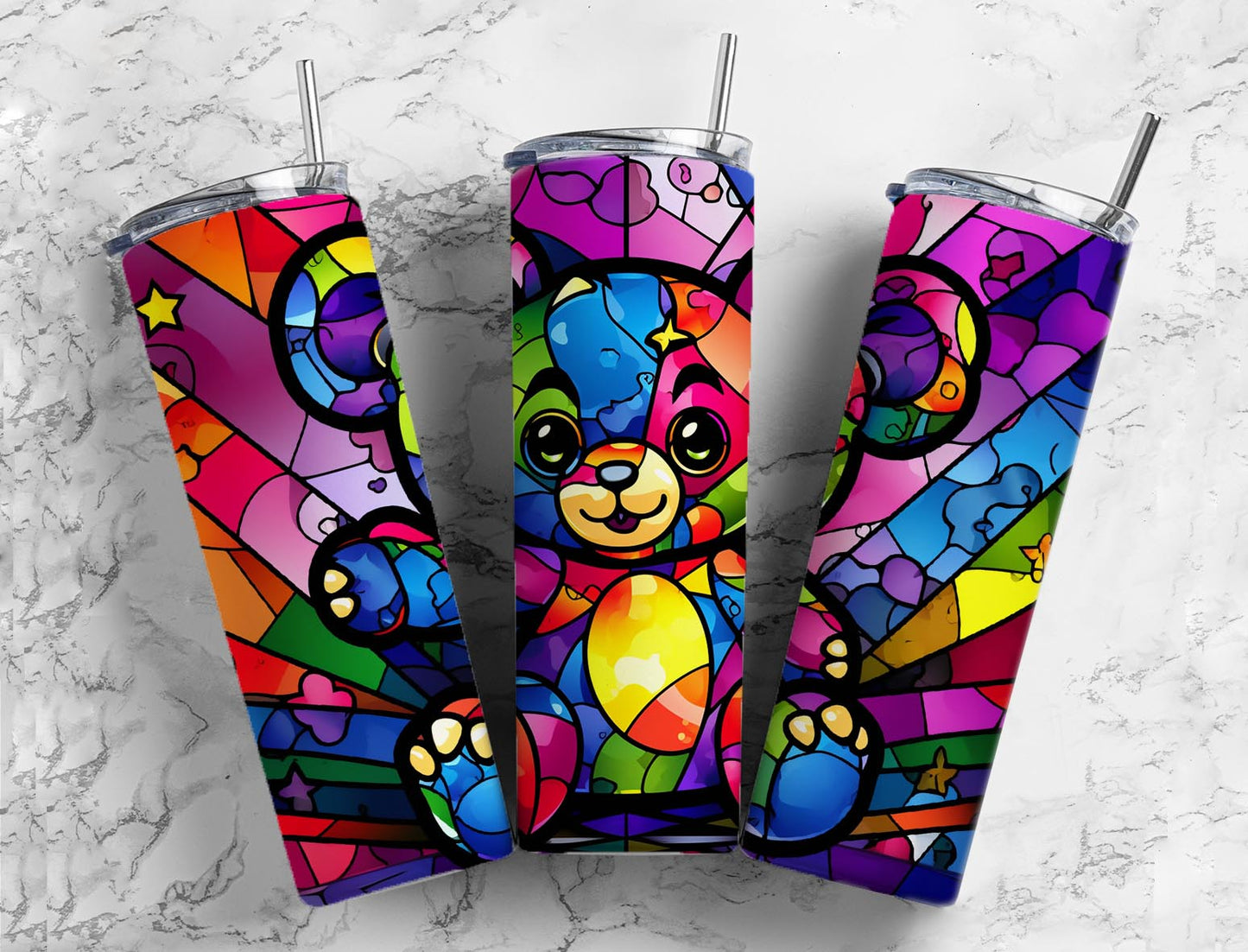 Stained Glass Bear Tumbler 20oz Skinny Straight Tumbler drinkware-with straw -water bottle -coffee mug cup travel tumbler