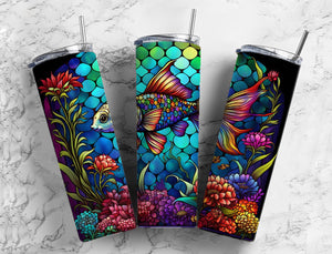 Stained Glass Colorful Fish Tumbler 20oz Skinny Straight Tumbler drinkware-with straw -water bottle -coffee mug cup travel tumbler