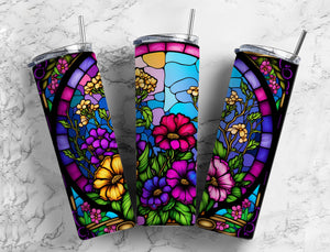 Stained Glass Floral image Tumbler 20oz Skinny Straight Tumbler drinkware-with straw -water bottle -coffee mug cup travel tumbler