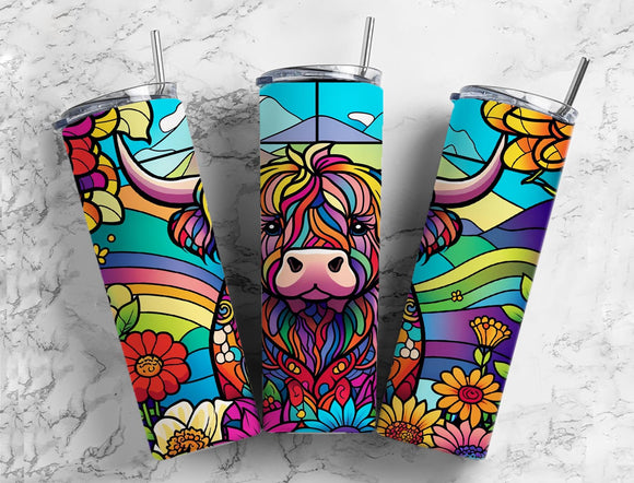 Stained Glass Highland Cow Tumbler 20oz Skinny Straight Tumbler drinkware-with straw -water bottle -coffee mug cup travel tumbler