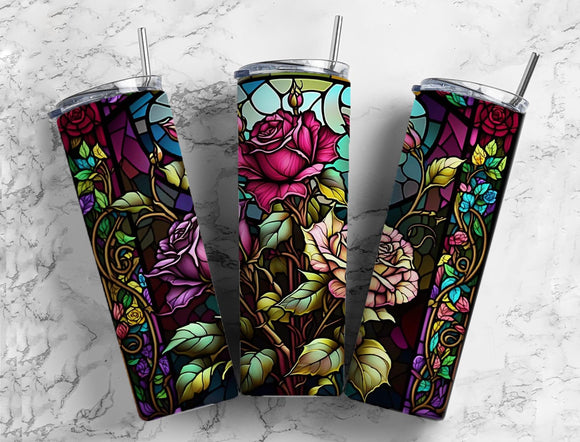 Stained Glass Roses Tumbler 20oz Skinny Straight Tumbler drinkware-with straw -water bottle -coffee mug cup travel tumbler