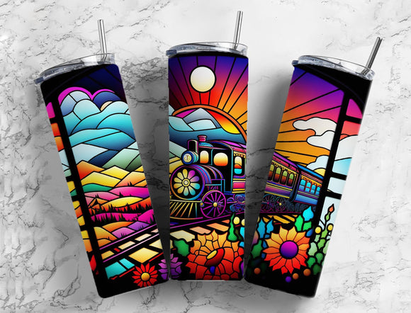 Stained Glass Train Tumbler 20oz Skinny Straight Tumbler drinkware-with straw -water bottle -coffee mug cup travel tumbler