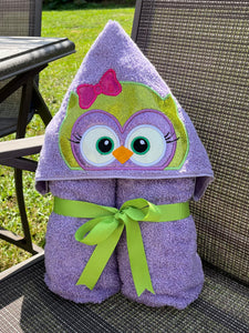 Hood Towel, Owl Embroidered Appliqué purple girl owl bath hooded towel, pool time, bath time, play time