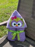 Hood Towel, Owl Embroidered Appliqué purple girl owl bath hooded towel, pool time, bath time, play time