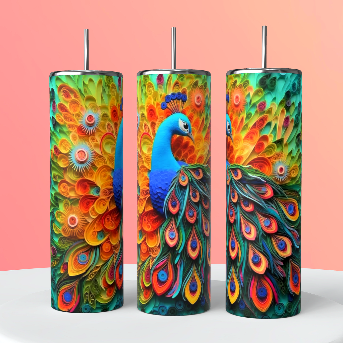 Peacock 3D image Tumbler 20oz Skinny Straight Tumbler drinkware-with straw -water bottle -coffee mug cup travel tumbler