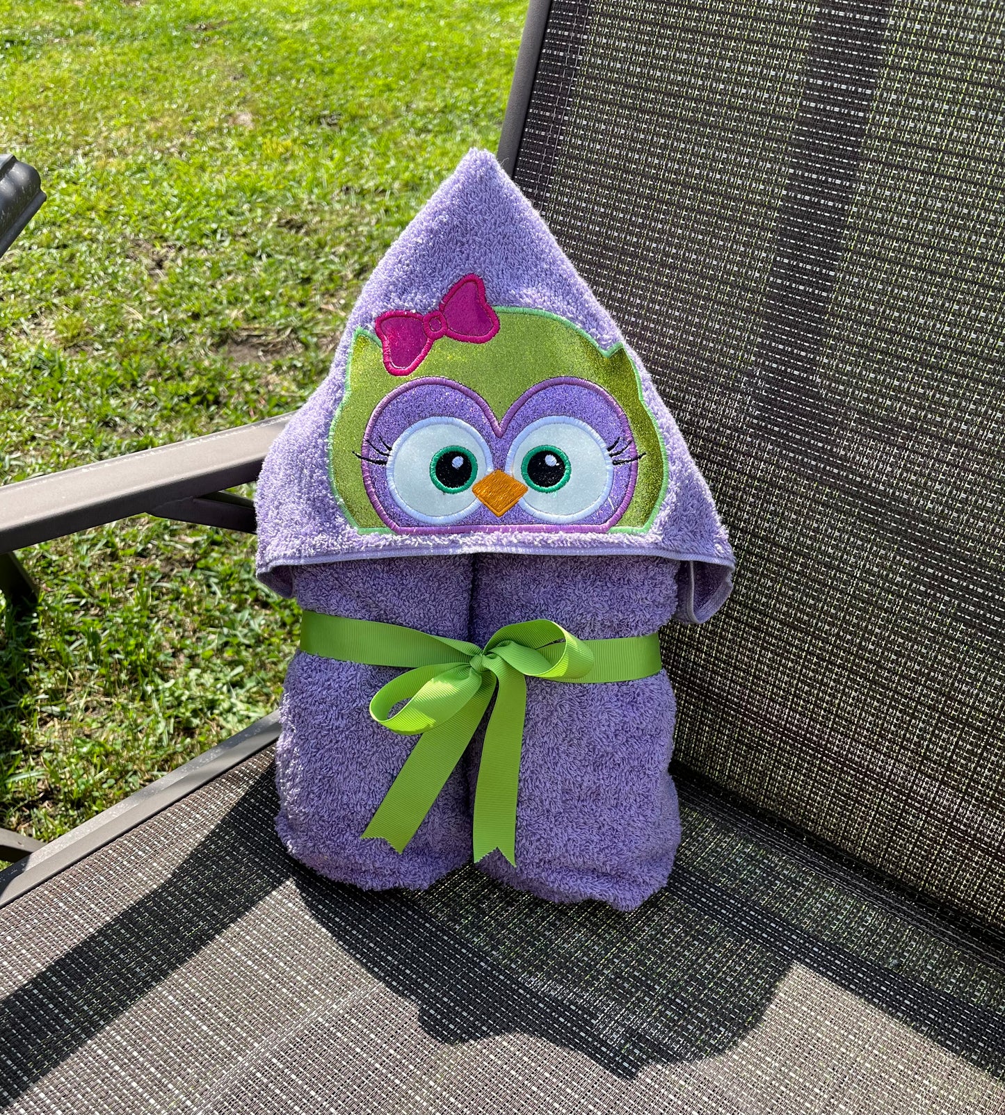 Hood Towel, Owl Embroidered Appliqué purple girl owl bath hooded towel, pool time, bath time, play time