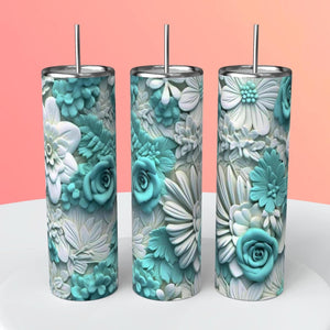 Teal 3D floral Tumbler 20oz Skinny Straight Tumbler drinkware-with straw -water bottle -coffee mug cup travel tumbler