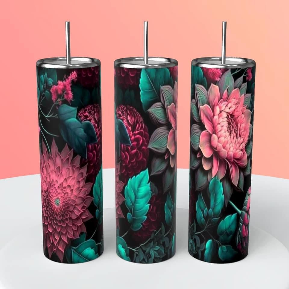 Floral 3D Tumbler 20oz Skinny Straight Tumbler drinkware-with straw -water bottle -coffee mug cup travel tumbler