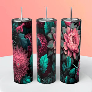 Floral 3D Tumbler 20oz Skinny Straight Tumbler drinkware-with straw -water bottle -coffee mug cup travel tumbler