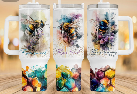 Bee Kind, Happy and Sweet Tumbler 40oz Tumbler with handle drinkware-with straw -water bottle -coffee mug cup travel tumbler